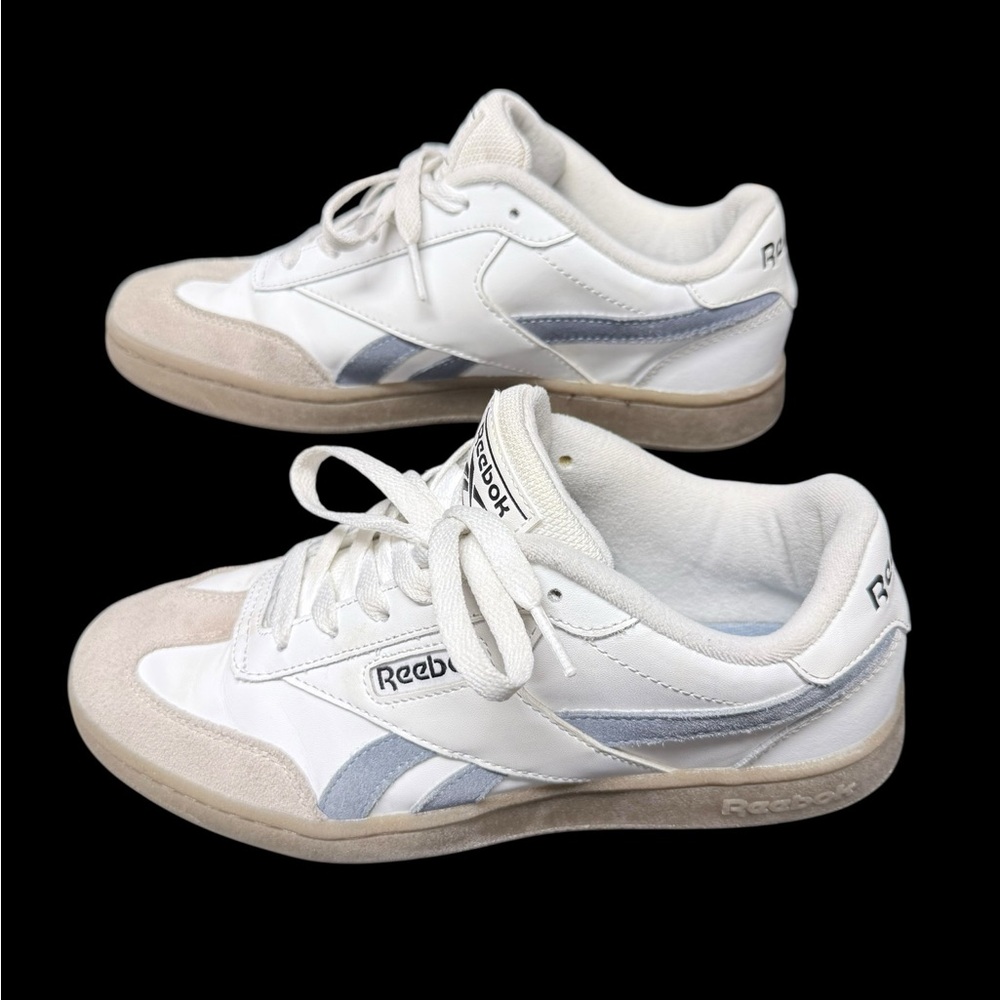 Reebok White and Light Blue/Gray Suede Accented Shoes